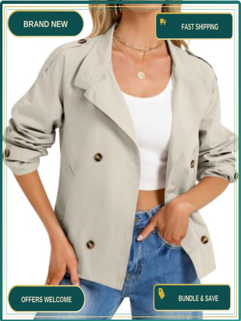 Women's Cropped Trench Coat Double Breasted High Collar Casual Jacket